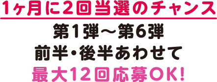 1ヶ月に2回当選のチャンス 第1弾〜第6弾 前半・後半あわせて最大12回応募OK！