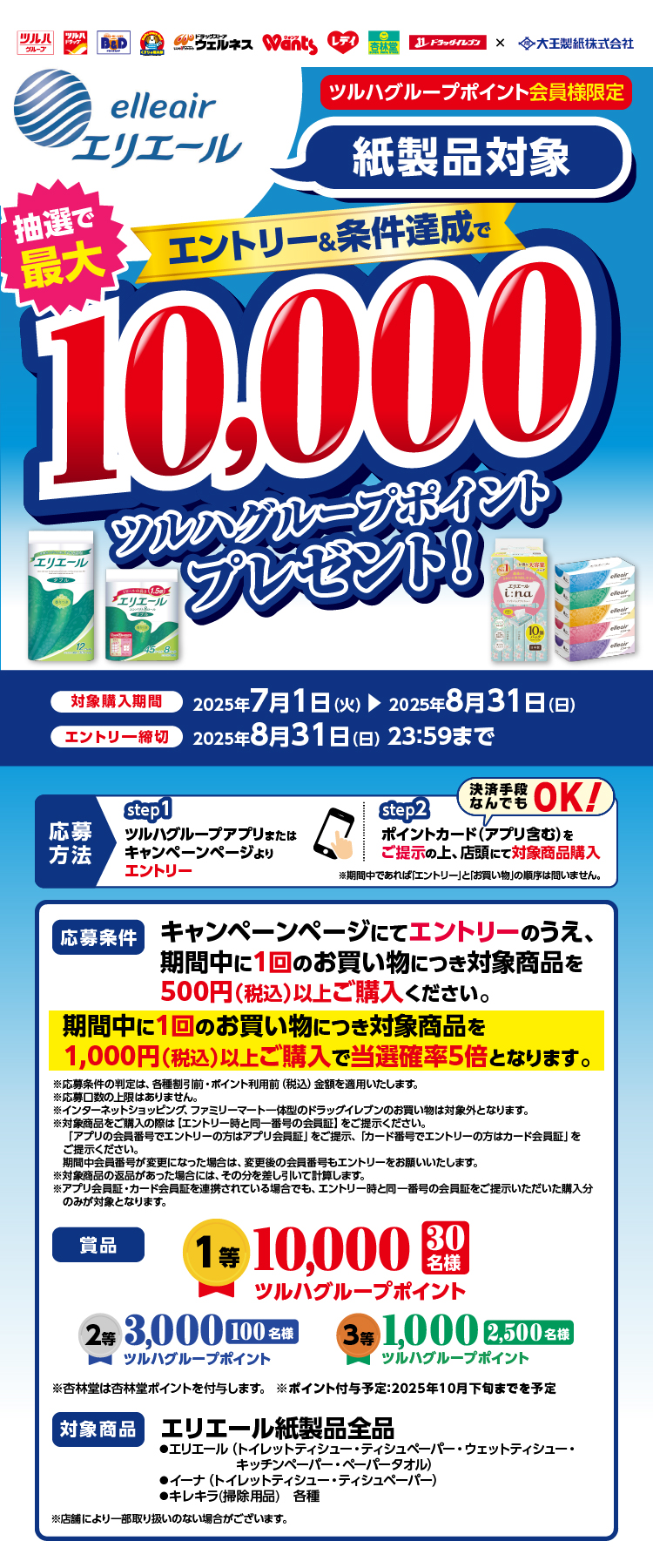 ツルハグループポイント会員様限定。紙製品対象。エントリー＆条件達成で抽選で最大10,000ツルハグループポイントをプレゼント！【対象購入期間】2025年7月1日（火）〜2025年8月31日（日）【エントリー】2025年8月31日（日）23:59まで【応募方法】step1.ツルハグループアプリまたはキャンペーンページよりエントリー。step2.ポイントカード（アプリ含む）をご提示の上、店頭にて対象商品購入（決済手段なんでもOK！）※期間中であれば「エントリー」と「お買い物」の順序は問いません。【応募条件】キャンペーンページにてエントリーのうえ、期間中に1回のお買い物につき対象商品を500円（税込）以上ご購入ください。期間中に1回のお買い物につき対象商品を1,000円（税込）以上ご購入で当選確率5倍となります。【賞品】1等 10,000ツルハグループポイント（30名様）、2等 3,000ツルハグループポイント（100名様）、3等 1,000ツルハグループポイント（2,500名様）【対象商品】エリエール紙製品全品 ●エリエール（トイレットティシュー・ティシュペーパー・ウェットティシュー・キッチンペーパー・ペーパータオル）●イーナ（トイレットティシュー・ティシュペーパー）●キレキラ（掃除用品）各種