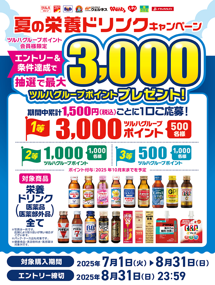 夏の栄養ドリンクキャンペーン。ツルハグループポイント会員様限定エントリー＆条件達成で抽選で最大3,000ツルハグループポイントプレゼント！期間中累計1,500円（税込）ごとに1口ご応募！1等3,000ツルハグループポイント（500名様）、2等1,000ツルハグループポイント（1,000名様）、3等500ツルハグループポイント（1,000名様）※ポイント付与：2025年10月末までを予定。対象商品：栄養ドリンク（医薬品・医薬部外品）全て。対象購入期間：2025年7月1日（火）▶8月31日（日）。エントリー締切：2025年8月31日（日）23:59