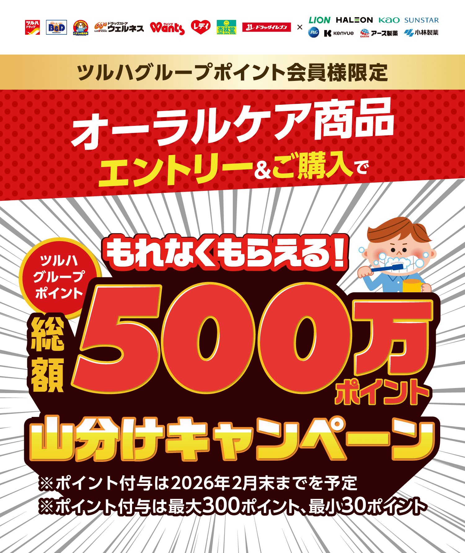ツルハグループポイント会員様限定 オーラルケア商品 エントリー＆ご購入で ツルハグループポイント もれなくもらえる！ 総額500万ポイント山分けキャンペーン ※ポイント付与は2026年2月末までを予定 ※ポイント付与は最大300ポイント、最小30ポイント