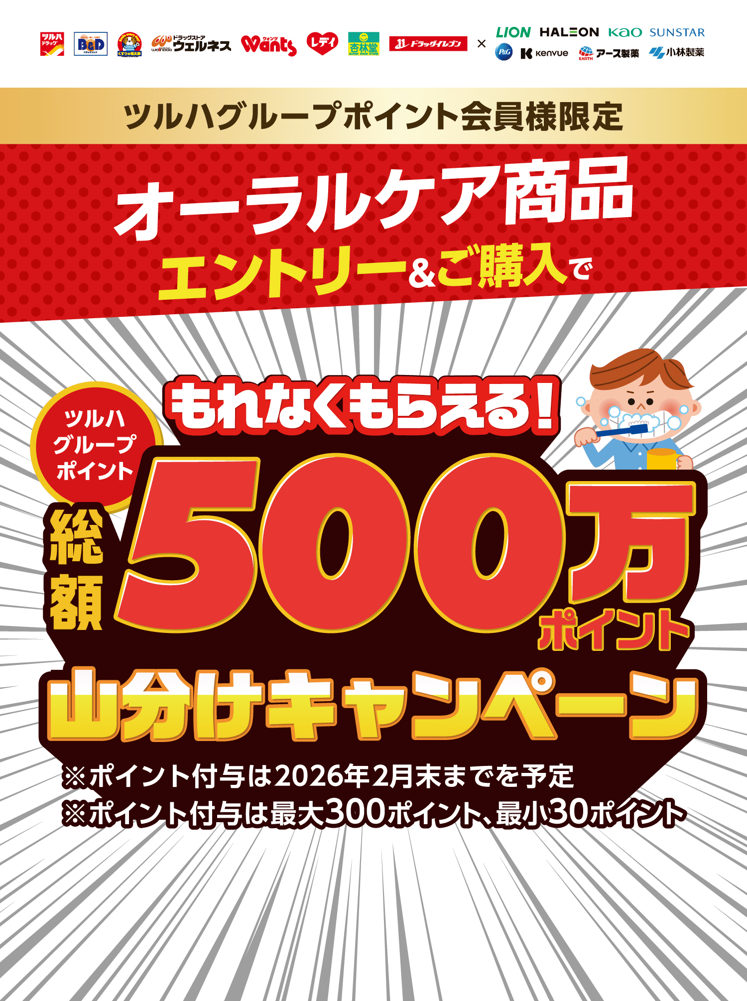 ツルハグループポイント会員様限定 オーラルケア商品 エントリー＆ご購入で ツルハグループポイント もれなくもらえる！ 総額500万ポイント山分けキャンペーン ※ポイント付与は2026年2月末までを予定 ※ポイント付与は最大300ポイント、最小30ポイント