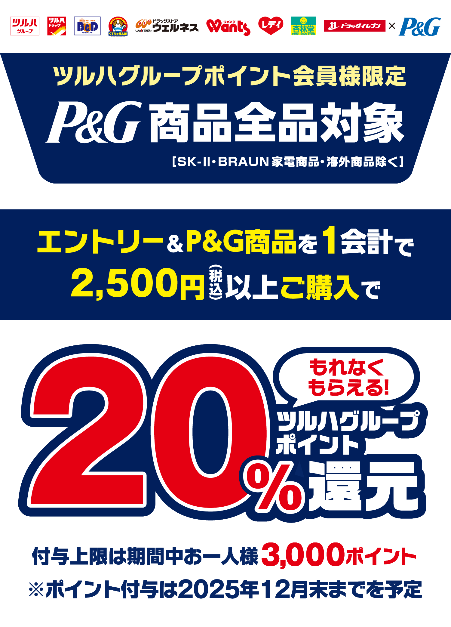 ツルハグループポイント会員様限定 P&G商品全品対象［SK-Ⅱ・BRAUN家電商品・海外商品除く］ エントリー&P&G商品を1会計で2,500円（税込）以上ご購入で ツルハグループポイント20%還元 もれなくもらえる！ 付与上限は期間中お一人様3,000ポイント ※ポイント付与は2025年12月末までを予定
