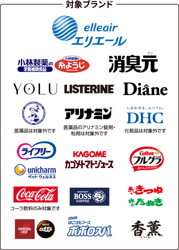 [対象ブランド]エリエール、小林製薬の栄養補助食品・小林製薬の糸ようじ、消臭元、YOLU、LISTERINE、Diane、 メンソレータム（医薬品は対象外です）、アリナミン（医薬品のアリナミン錠剤・粒剤は対象外です）、しあわせを、ふつうに。DHC（化粧品は対象外です）、ライフリー、unicharmペットウェルネス、KAGOMEカゴメトマトジュース、Calbeeフルグラ、Coca-Cola（コーラ飲料のみ対象です）、BOSS、赤いきつね・緑のたぬき、NESCAFEふわラテ・Nestléふわラテ、はごろもフーズポポロスパ、香薫